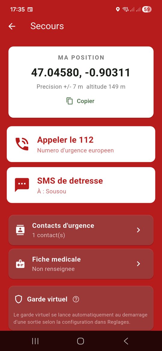 Écran SOS Trackisi — appel 112, SMS de détresse, position GPS