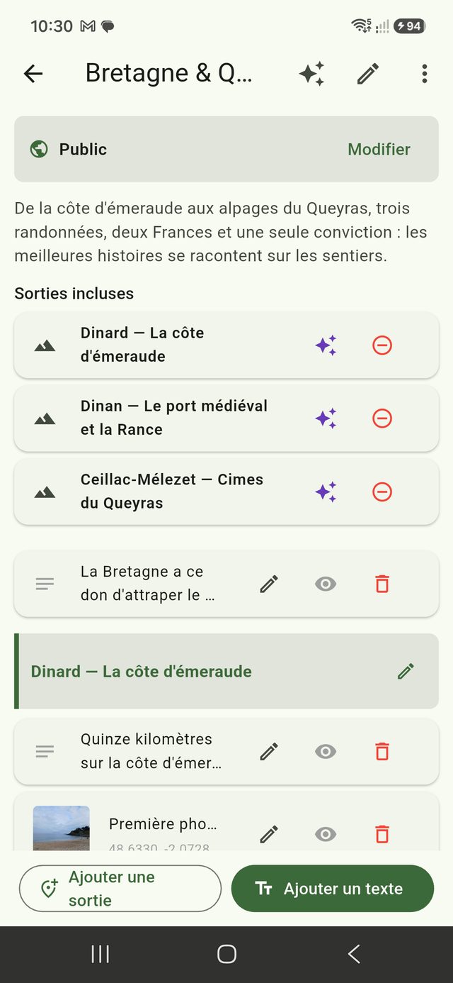 Édition d'un carnet — sorties incluses et chapitres de texte